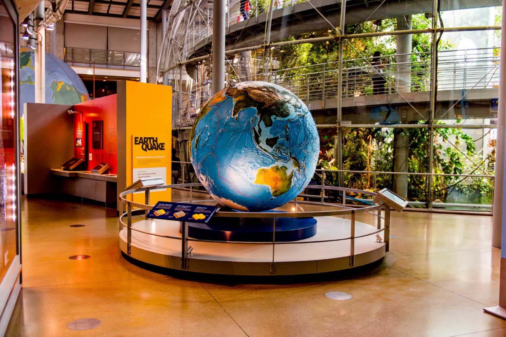 Image of various ecology exhibits; globe of the Earth highlighting plate tectonics with a view of the outside area filled with plants in the background.